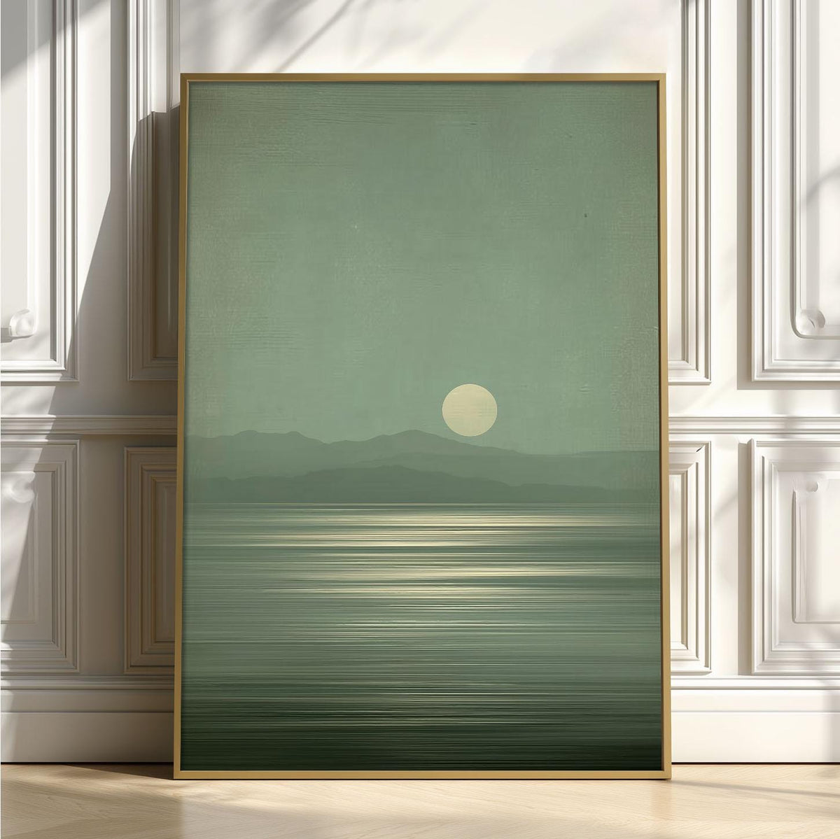 Sage Green Lake Art Print, Minimalist Moon Landscape, Wabi-Sabi Japandi Decor