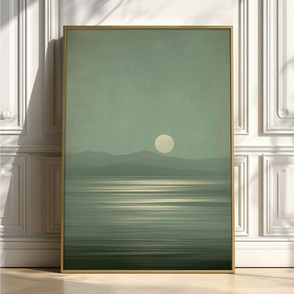 Sage Green Lake Art Print, Minimalist Moon Landscape, Wabi-Sabi Japandi Decor