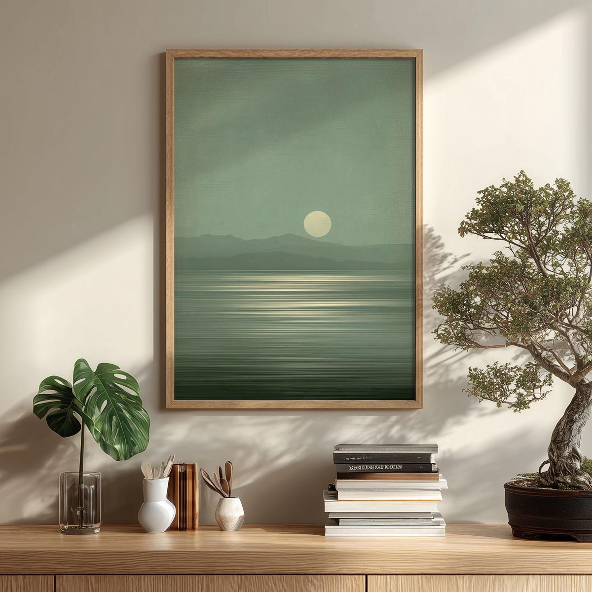 Sage Green Lake Art Print, Minimalist Moon Landscape, Wabi-Sabi Japandi Decor