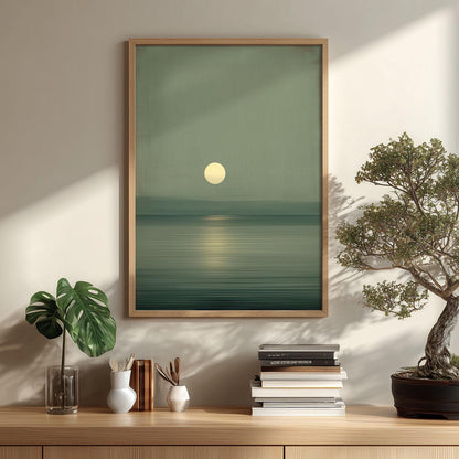 Sage Green Moon Wall Art Print, Minimalist Ocean Reflection, Wabi Sabi Style