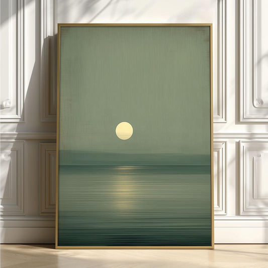 Sage Green Moon Poster, Minimalist Seascape, Wabi Sabi Wall Art