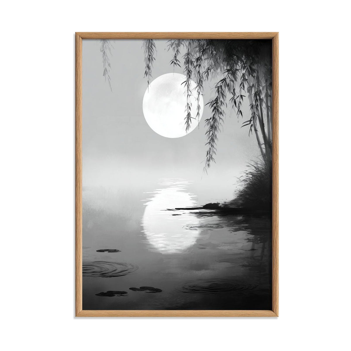 Moonlit Willow Wall Art Print, Black and White Asian Ink Landscape Poster