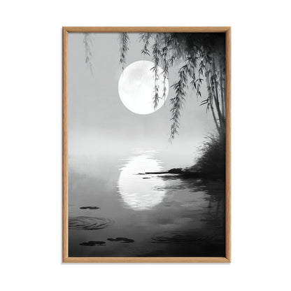 Moonlit Willow Wall Art Print, Black and White Asian Ink Landscape Poster