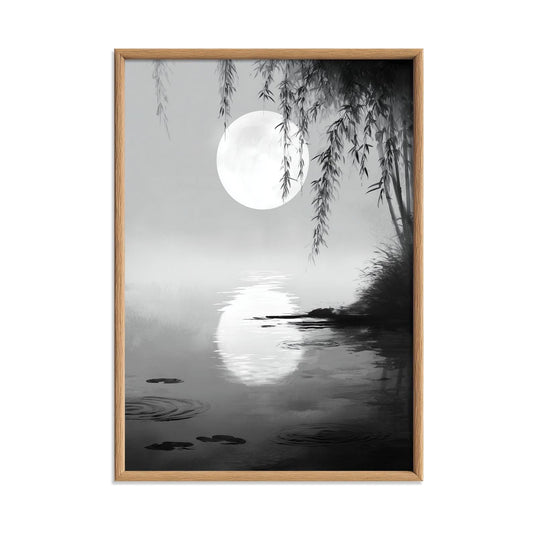 Moonlit Willow Wall Art Print, Black and White Asian Ink Landscape Poster