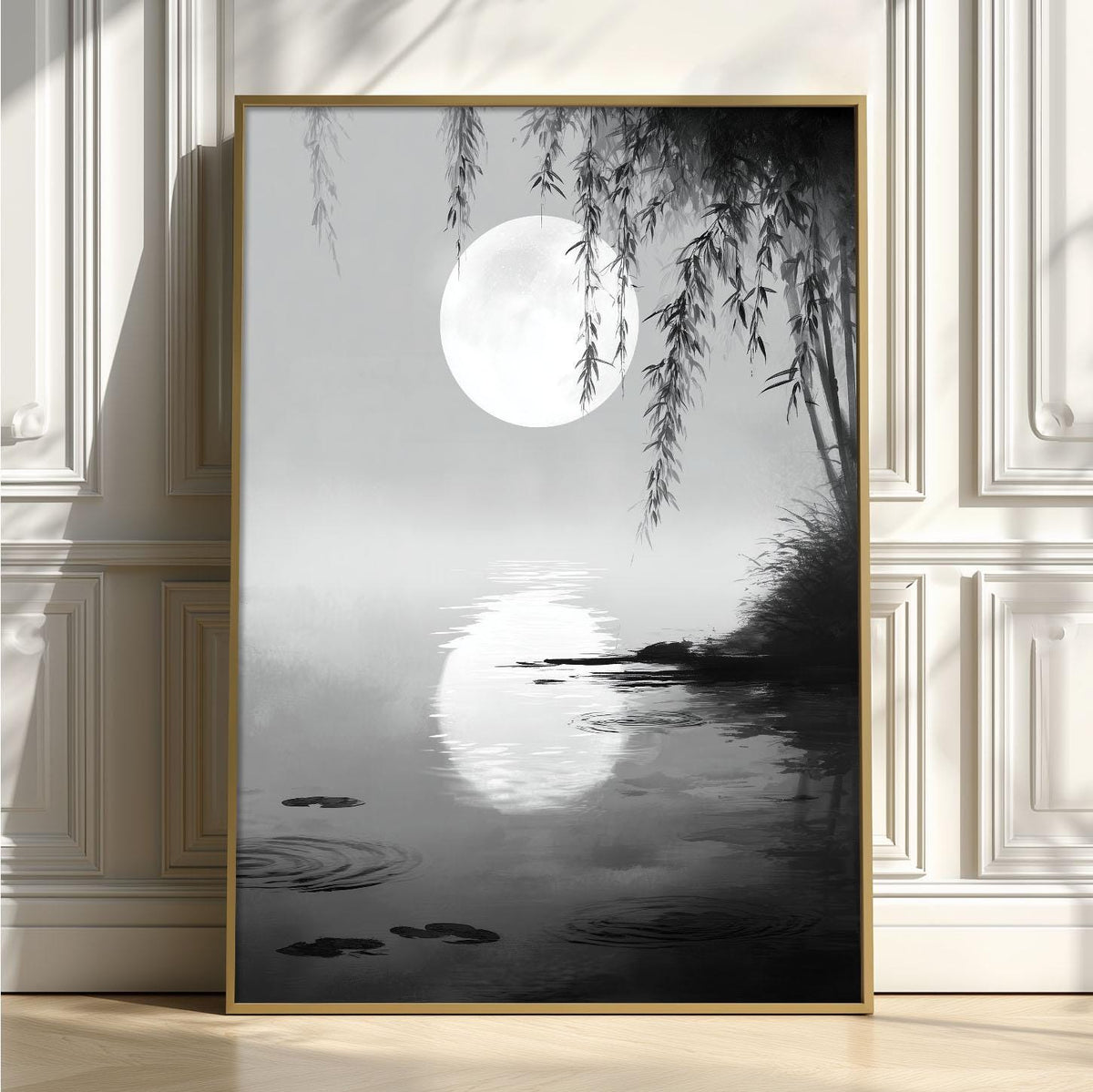Moonlit Willow Wall Art Print, Black and White Asian Ink Landscape Poster