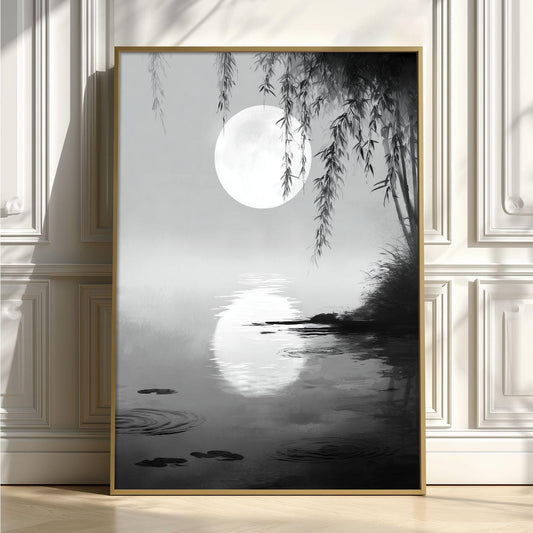 Moonlit Willow Wall Art Print, Black and White Asian Ink Landscape Poster