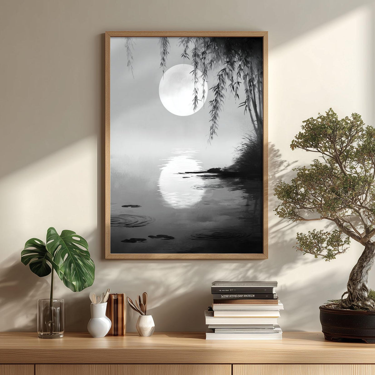 Moonlit Willow Wall Art Print, Black and White Asian Ink Landscape Poster