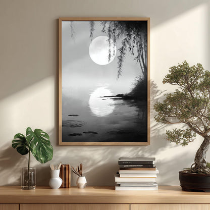 Moonlit Willow Wall Art Print, Black and White Asian Ink Landscape Poster