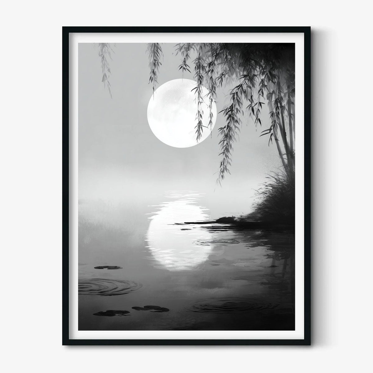 Moonlit Willow Wall Art Print, Black and White Asian Ink Landscape Poster