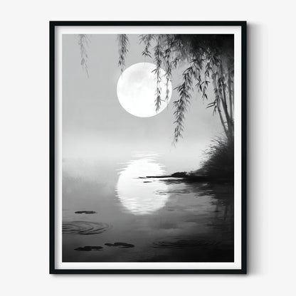 Moonlit Willow Wall Art Print, Black and White Asian Ink Landscape Poster