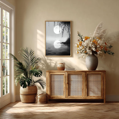 Moonlit Willow Wall Art Print, Black and White Asian Ink Landscape Poster