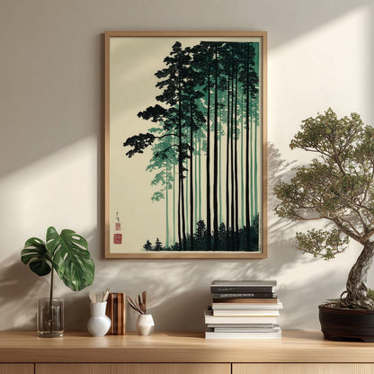 Japanese Pine Forest Print, Tree Wall Art, Woodblock Poster, Minimalist Zen Home Decor