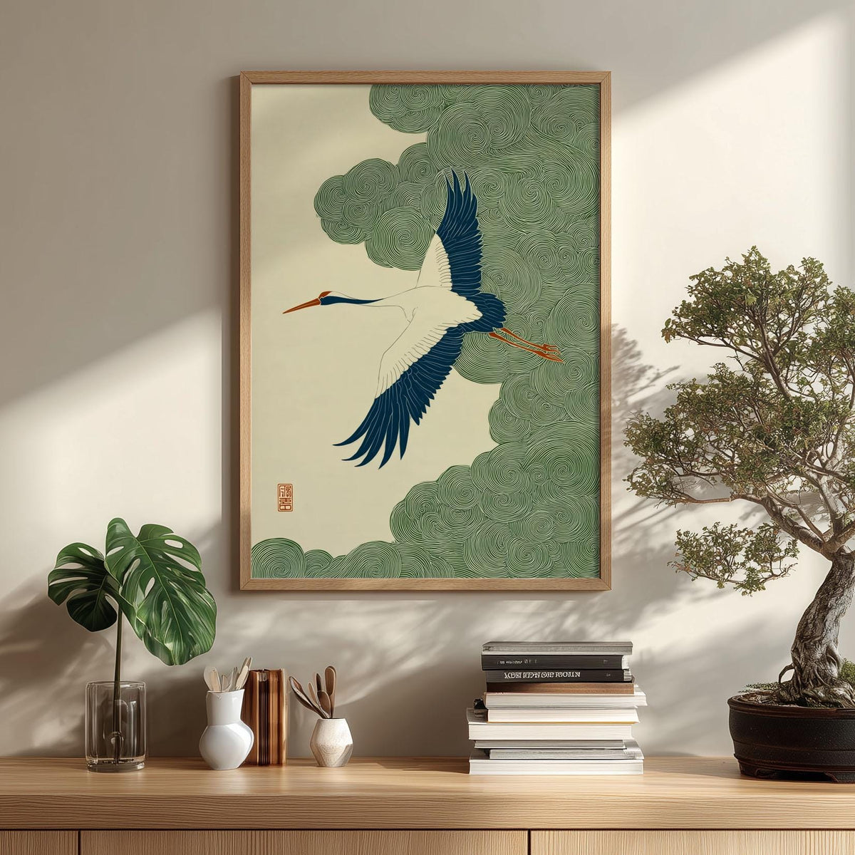 Japanese Crane Print, Bird Wall Art, Zen Nature Poster, Japandi Home Decor