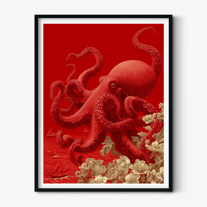 Red Octopus Print, Sea Life Wall Art, Coastal Poster, Statement Home Decor