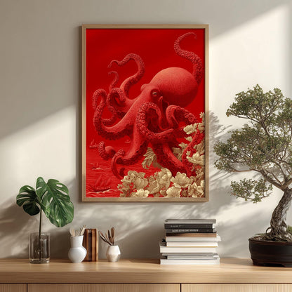 Red Octopus Print, Sea Life Wall Art, Coastal Poster, Statement Home Decor
