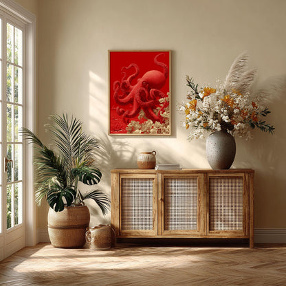 Red Octopus Print, Sea Life Wall Art, Coastal Poster, Statement Home Decor