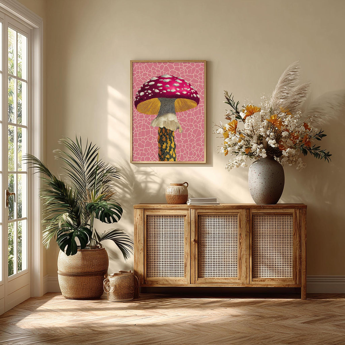 Pink Mushroom Print, Toadstool Wall Art, Whimsical Botanical Poster, Maximalist Home Decor