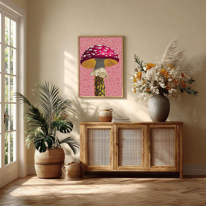 Pink Mushroom Print, Toadstool Wall Art, Whimsical Botanical Poster, Maximalist Home Decor