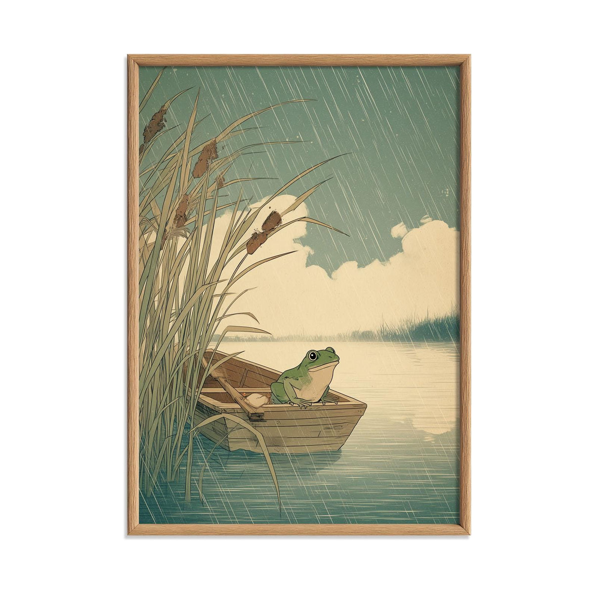 Frog in Boat Print, Whimsical Frog Wall Art, Rainy Lake Poster, Nature Home Decor