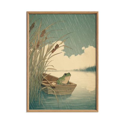 Frog in Boat Print, Whimsical Frog Wall Art, Rainy Lake Poster, Nature Home Decor