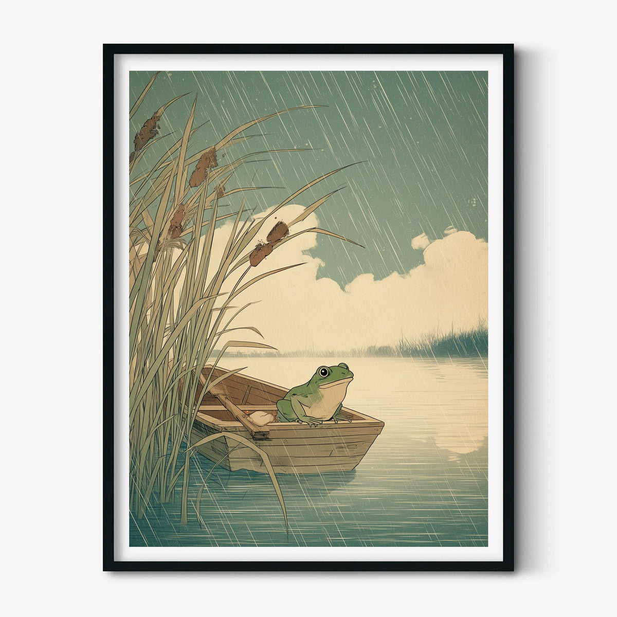 Frog in Boat Print, Whimsical Frog Wall Art, Rainy Lake Poster, Nature Home Decor