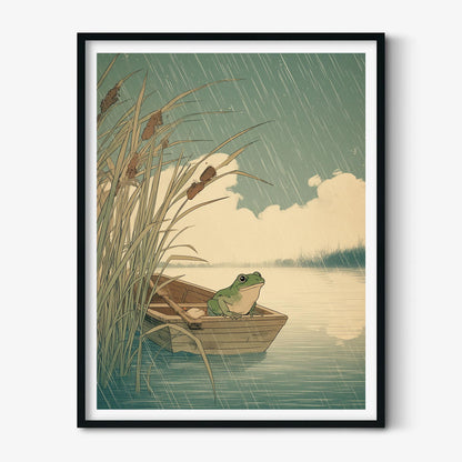 Frog in Boat Print, Whimsical Frog Wall Art, Rainy Lake Poster, Nature Home Decor