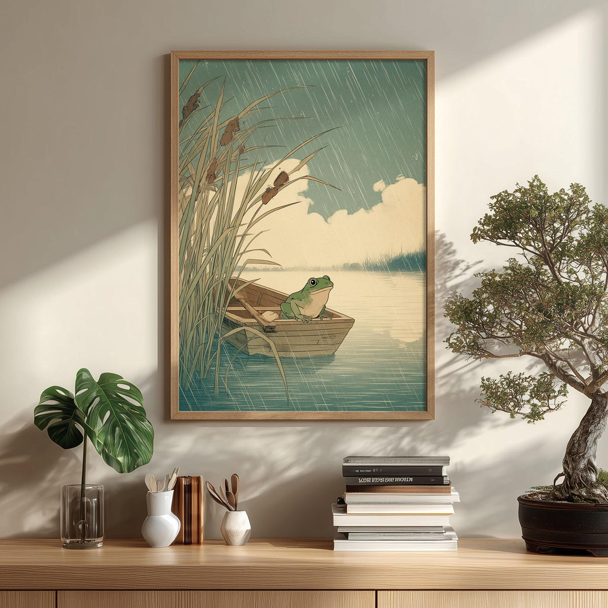 Frog in Boat Print, Whimsical Frog Wall Art, Rainy Lake Poster, Nature Home Decor