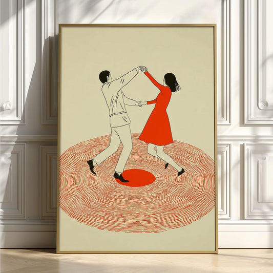 Dancing Couple Wall Art Print, Retro Record Player Poster, Modern Music Inspired Illustration for Home Bar or Living Room