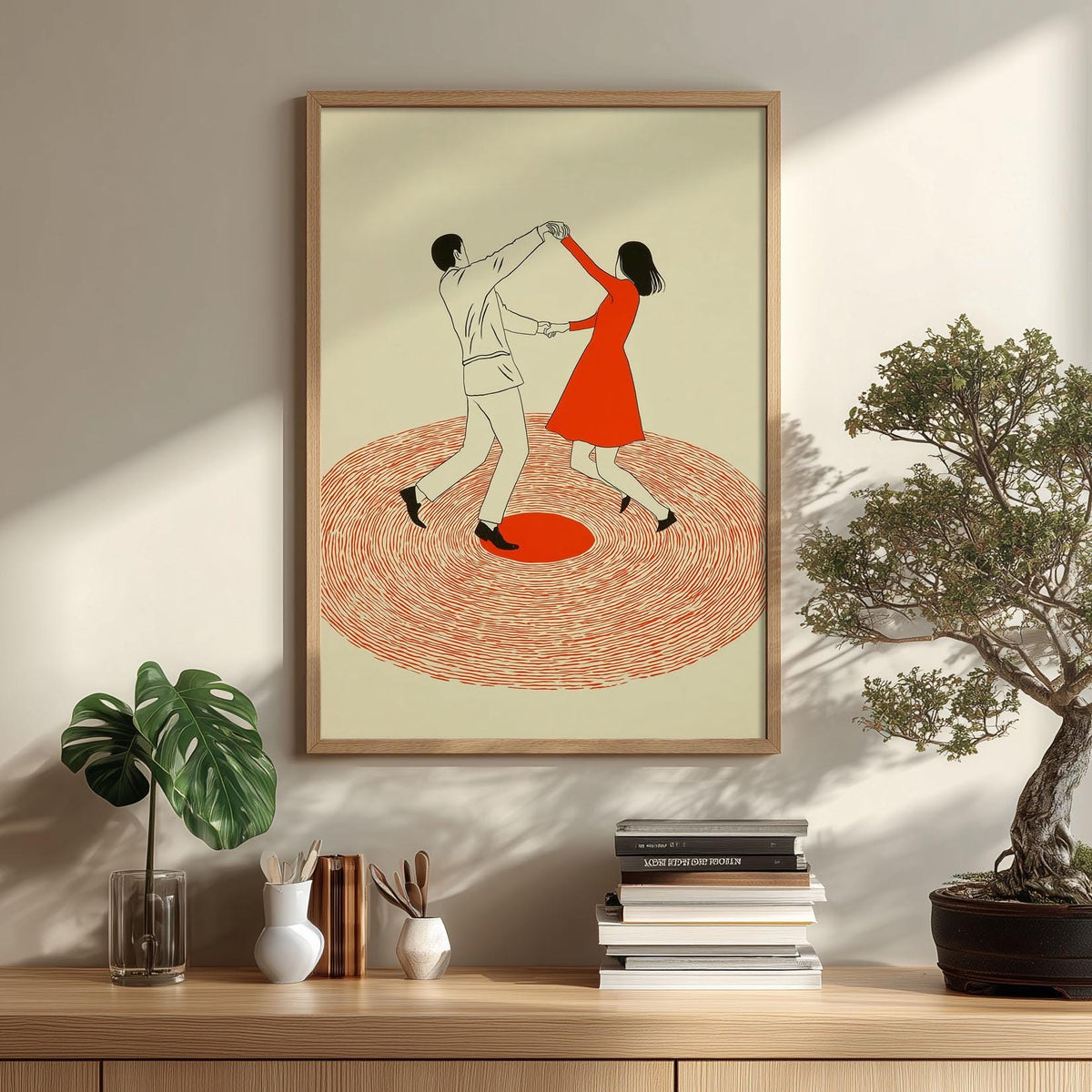 Dancing Couple Wall Art Print, Retro Record Player Poster, Modern Music Inspired Illustration for Home Bar or Living Room