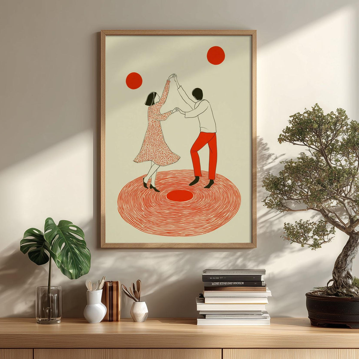 Vinyl Dance Poster, Couple Wall Art, Retro Music Print, Red Wall Decor