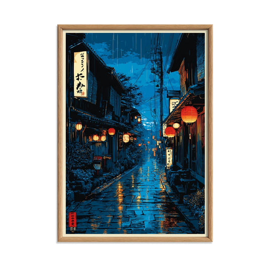 Rainy Street Poster, Japanese Alley Print, Lantern Wall Art, Blue Room Decor