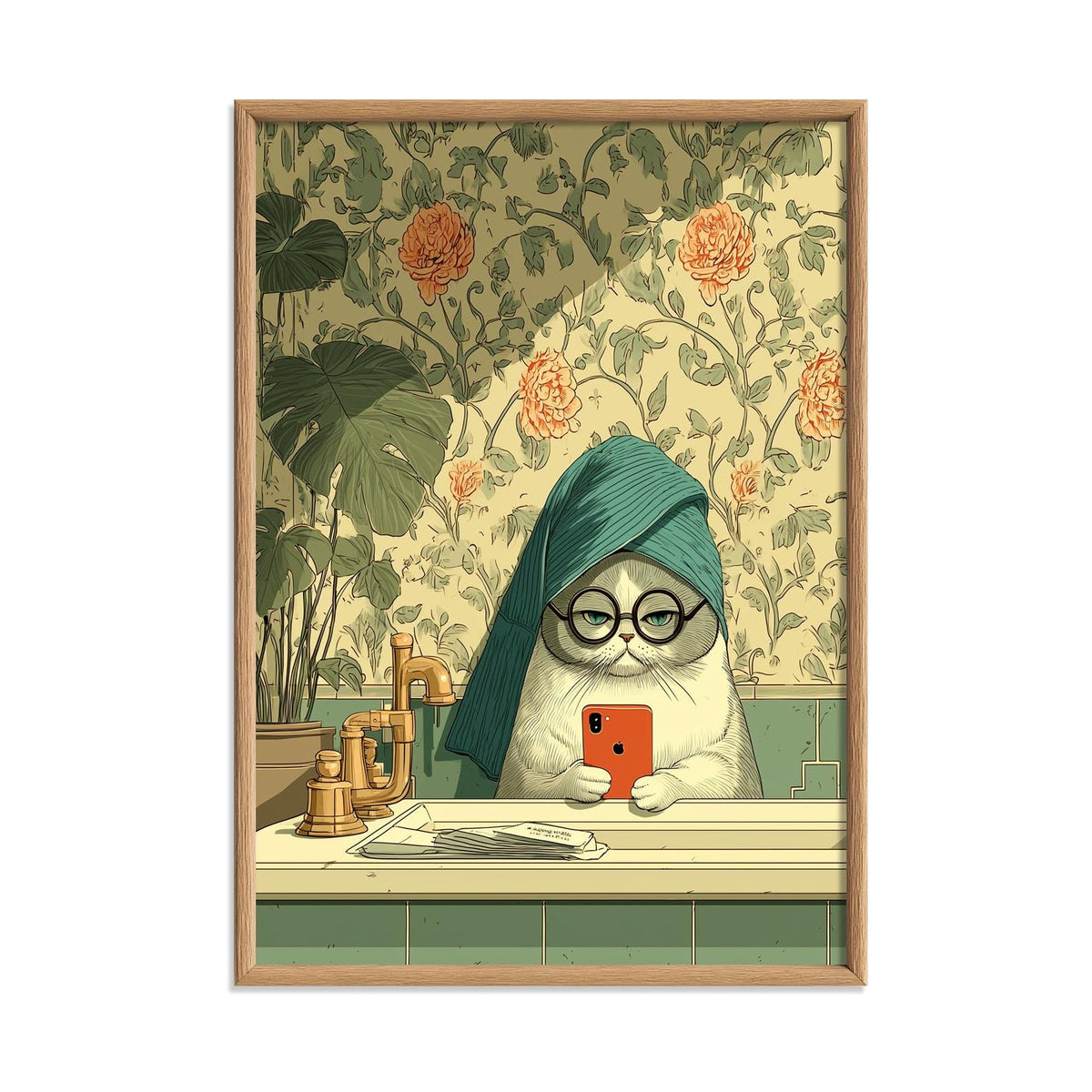 Cat Poster, Funny Cat Print, Quirky Wall Art, Green Bathroom Decor
