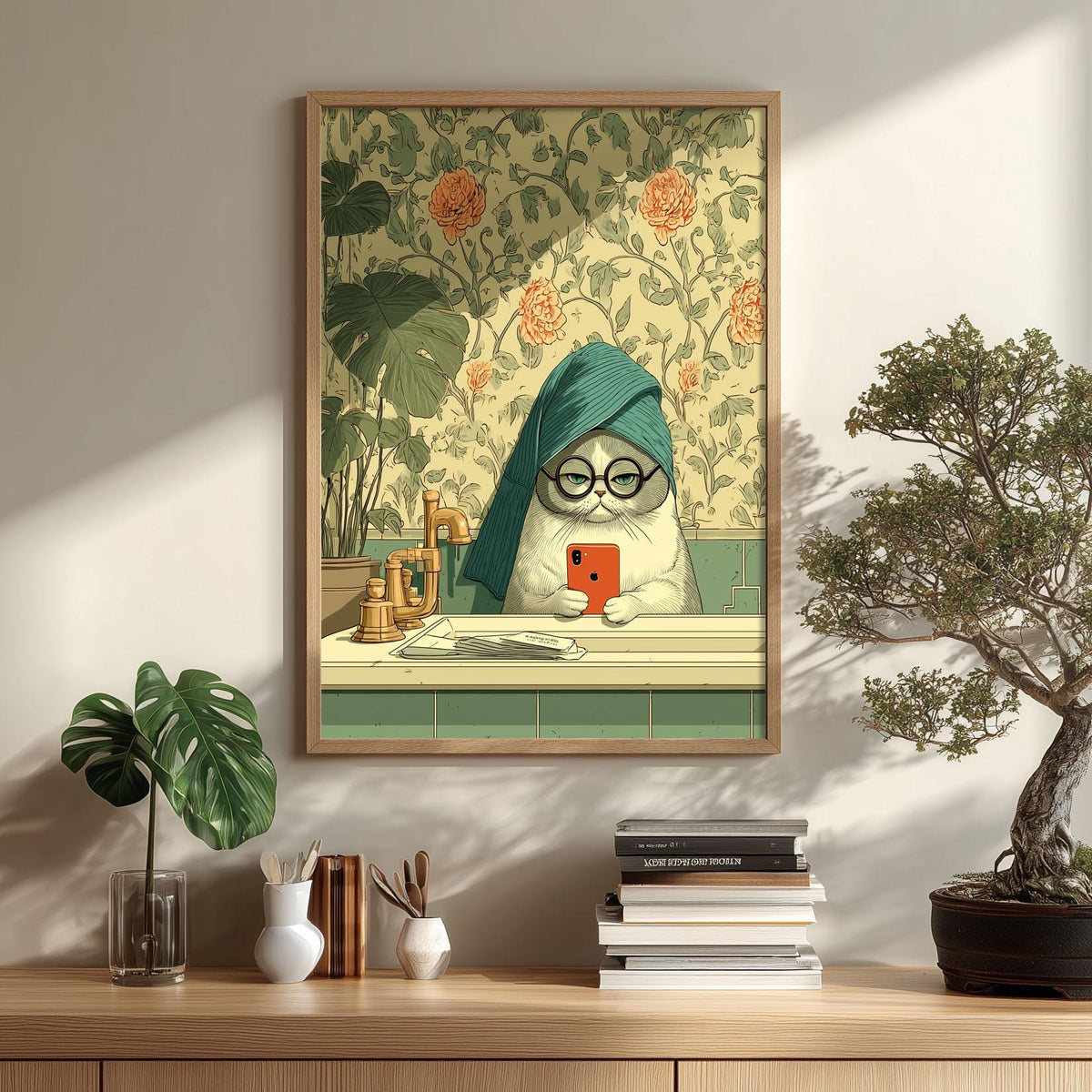 Cat Poster, Funny Cat Print, Quirky Wall Art, Green Bathroom Decor