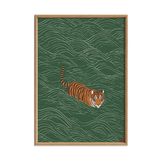 Swimming Tiger Poster, Green Wall Art, Japanese Style Print, Wildlife Illustration