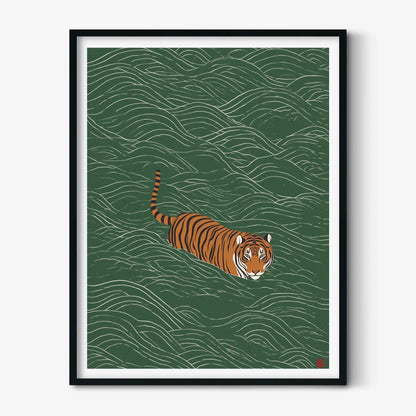 Swimming Tiger Poster, Green Wall Art, Japanese Style Print, Wildlife Illustration