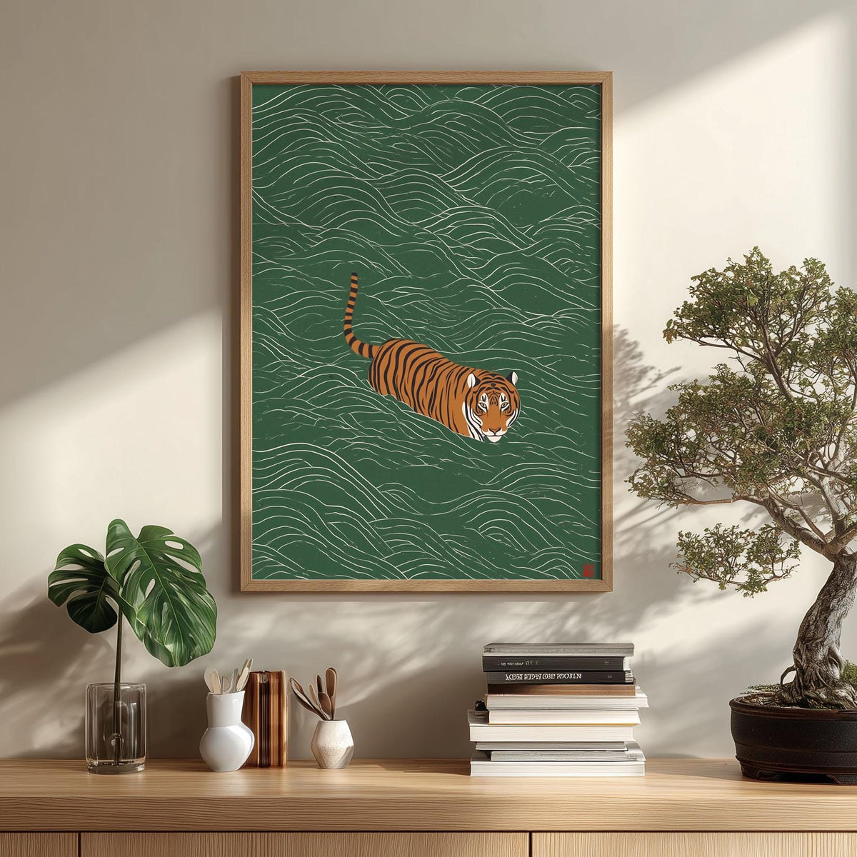 Swimming Tiger Poster, Green Wall Art, Japanese Style Print, Wildlife Illustration