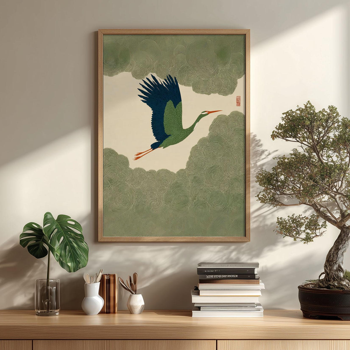 Green Crane Poster, Japanese Wall Art, Flying Bird Print, Zen Illustration