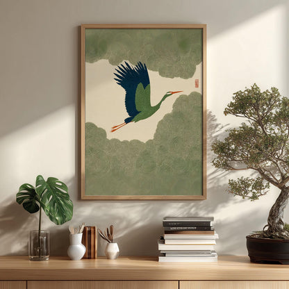 Green Crane Poster, Japanese Wall Art, Flying Bird Print, Zen Illustration