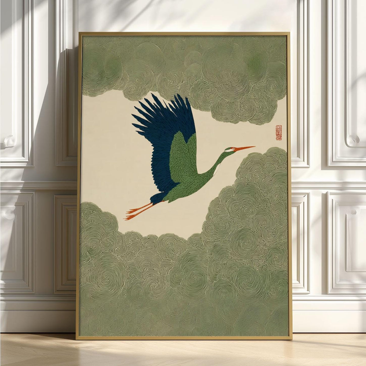 Green Crane Poster, Japanese Wall Art, Flying Bird Print, Zen Illustration