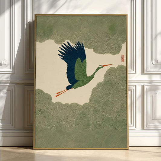 Green Crane Poster, Japanese Wall Art, Flying Bird Print, Zen Illustration