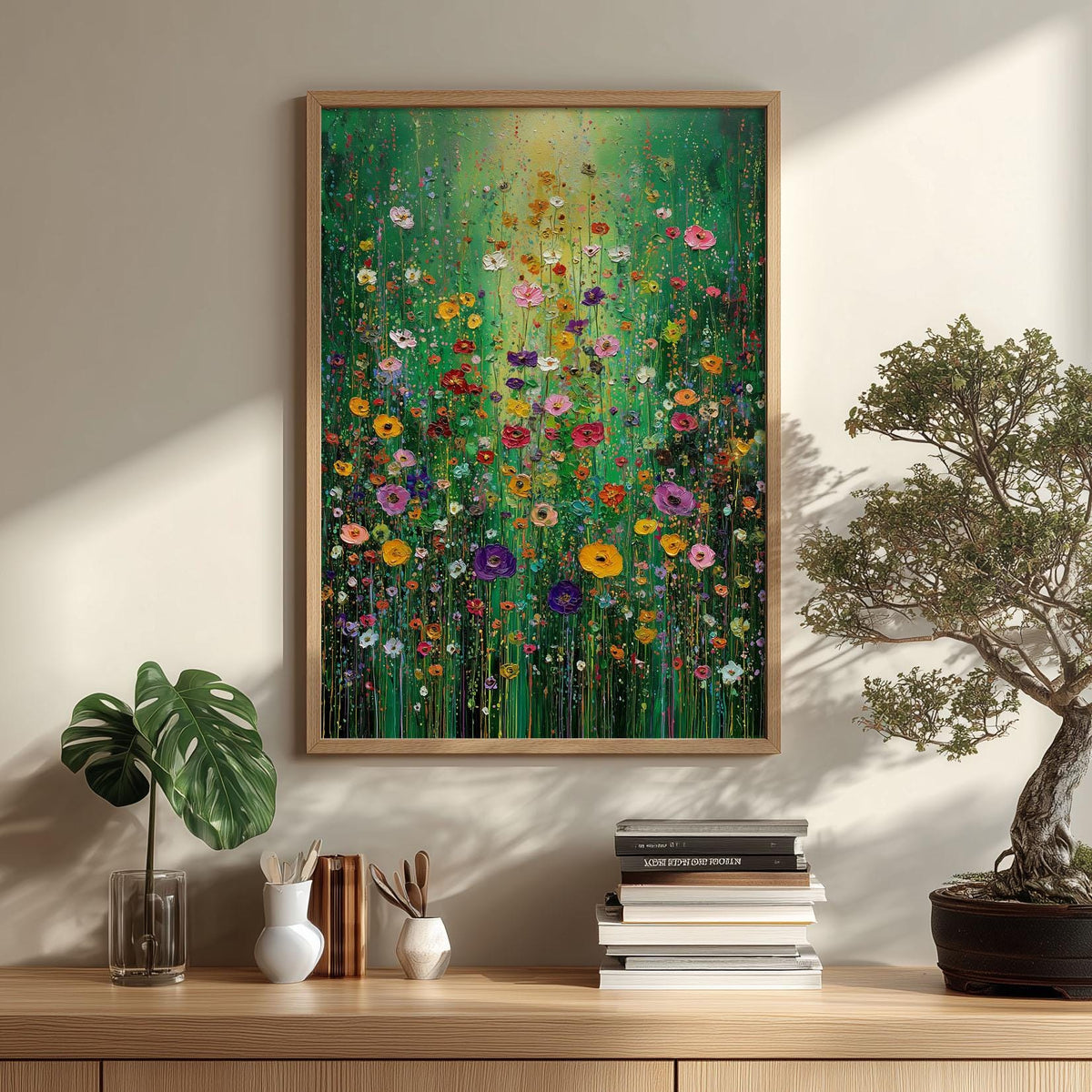 Wildflower Garden Painting, Floral Wall Art, Colourful Poster, Green Decor