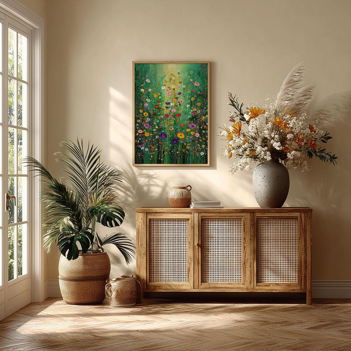 Wildflower Garden Painting, Floral Wall Art, Colourful Poster, Green Decor