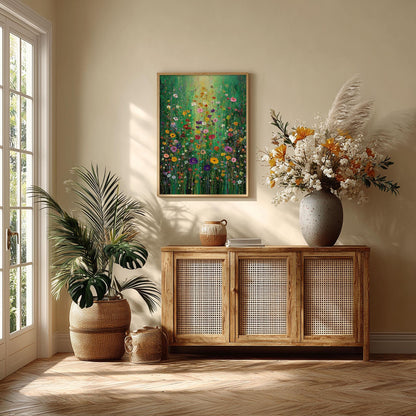 Wildflower Garden Painting, Floral Wall Art, Colourful Poster, Green Decor