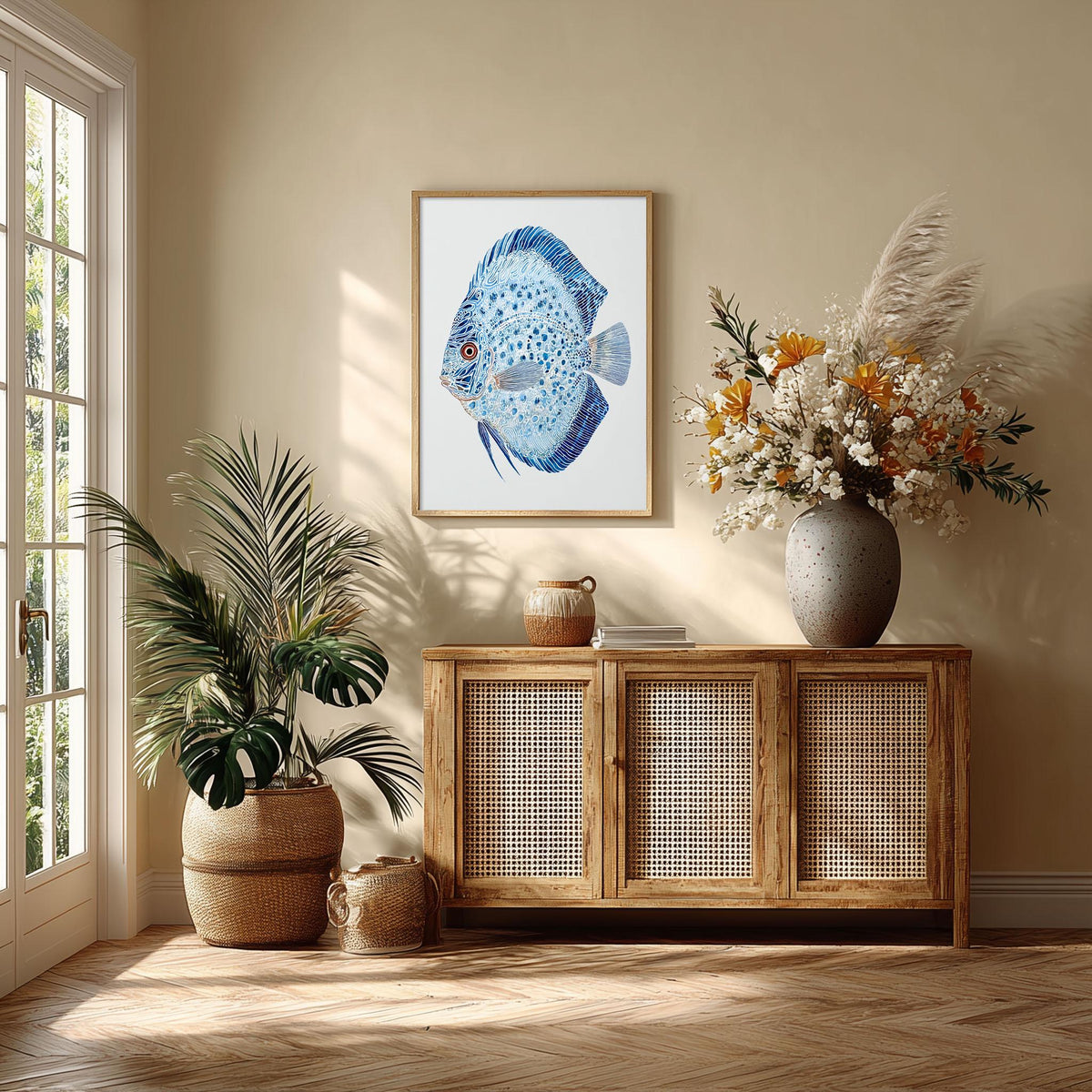 Discus Fish Poster, Blue Fish Print, Aquarium Wall Art, Ocean Illustration