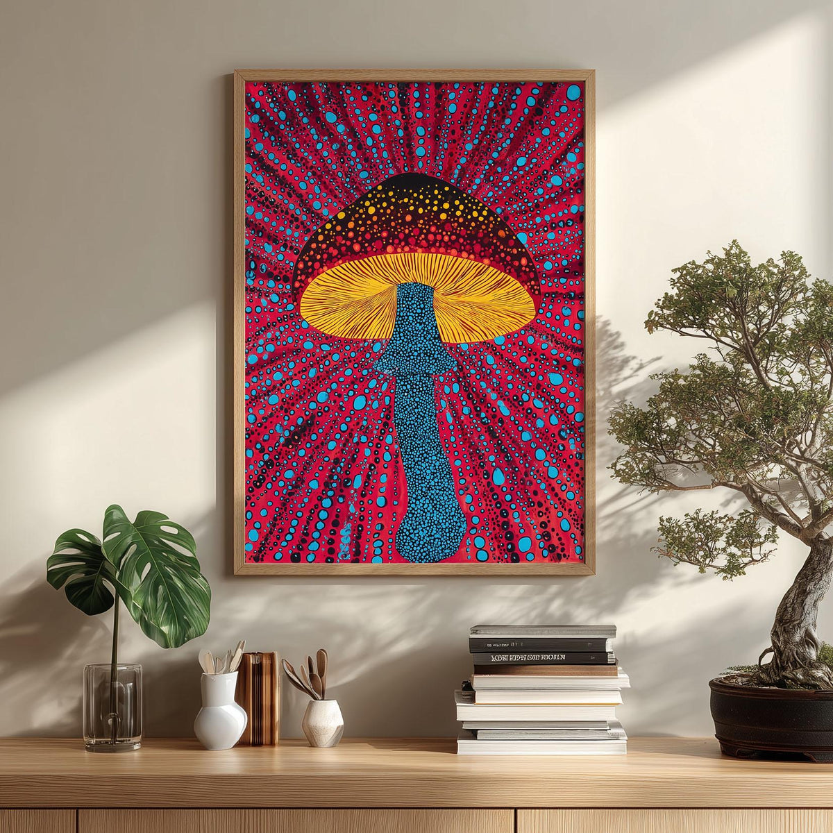 Bold Mushroom Poster, Polka Dot Print, Psychedelic Wall Art, Colourful Decor