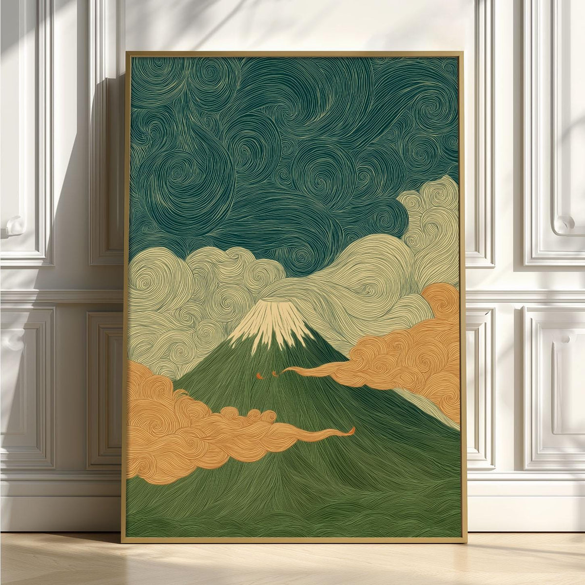 Mount Fuji Poster, Japanese Wall Art, Green Landscape Print, Zen Illustration