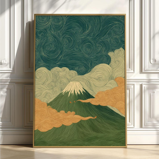 Mount Fuji Poster, Japanese Wall Art, Green Landscape Print, Zen Illustration
