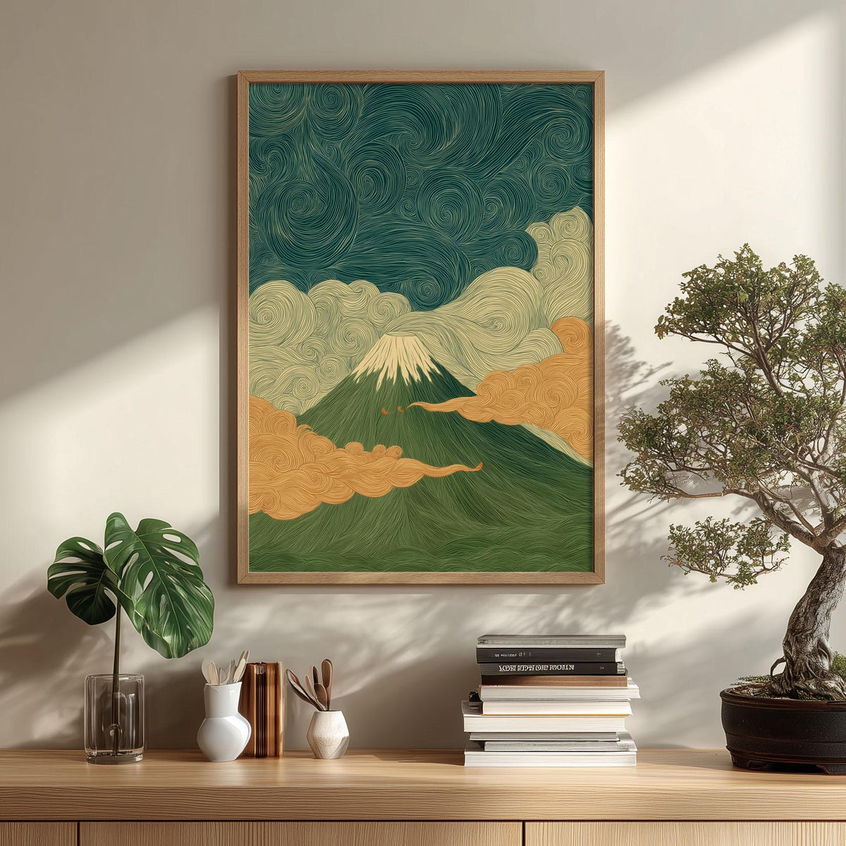 Mount Fuji Poster, Japanese Wall Art, Green Landscape Print, Zen Illustration