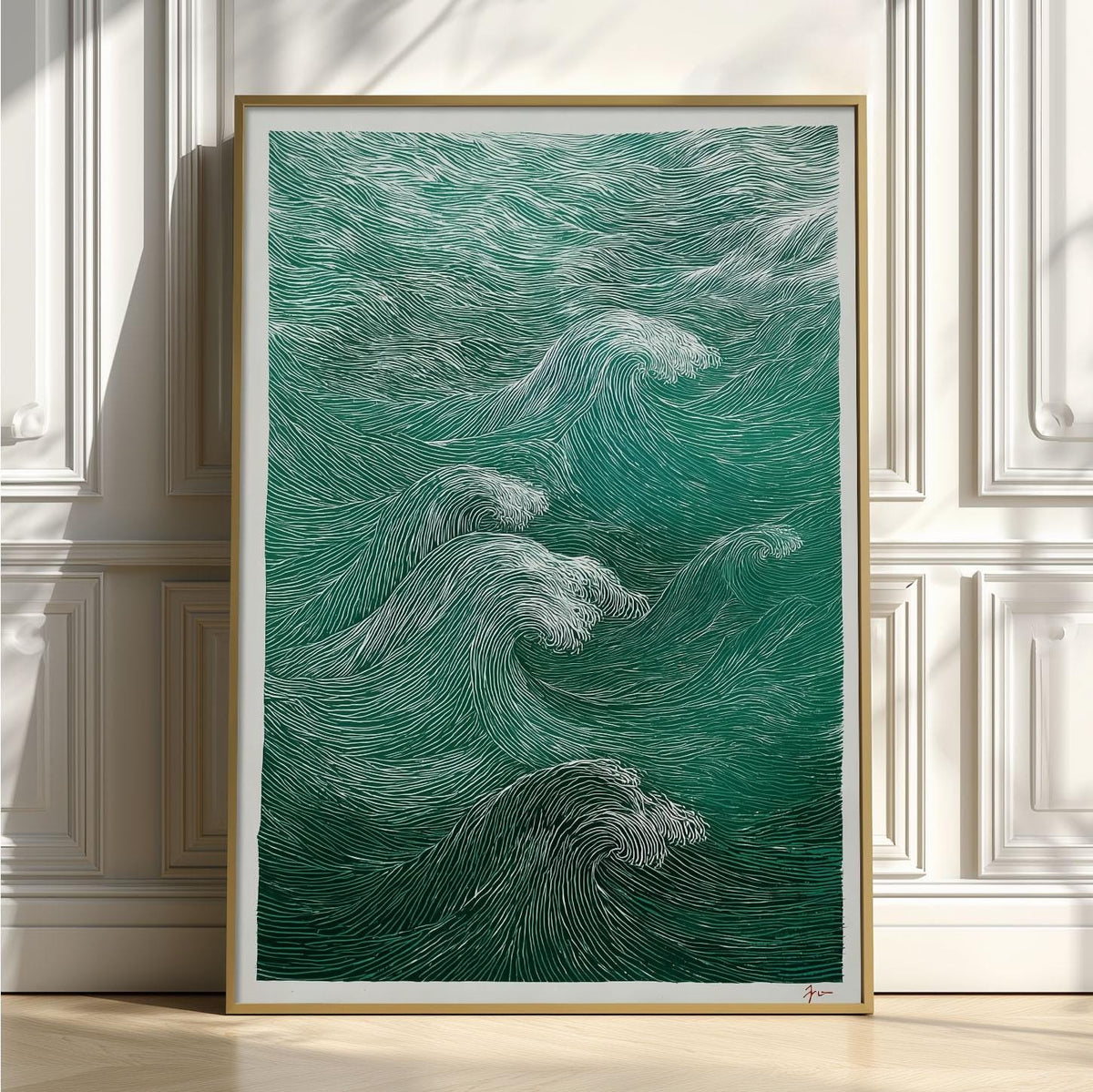 Green Wave Poster, Ocean Wall Art, Woodcut Print, Coastal Illustration
