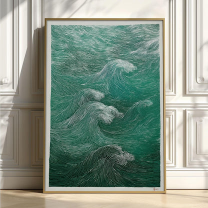 Green Wave Poster, Ocean Wall Art, Woodcut Print, Coastal Illustration